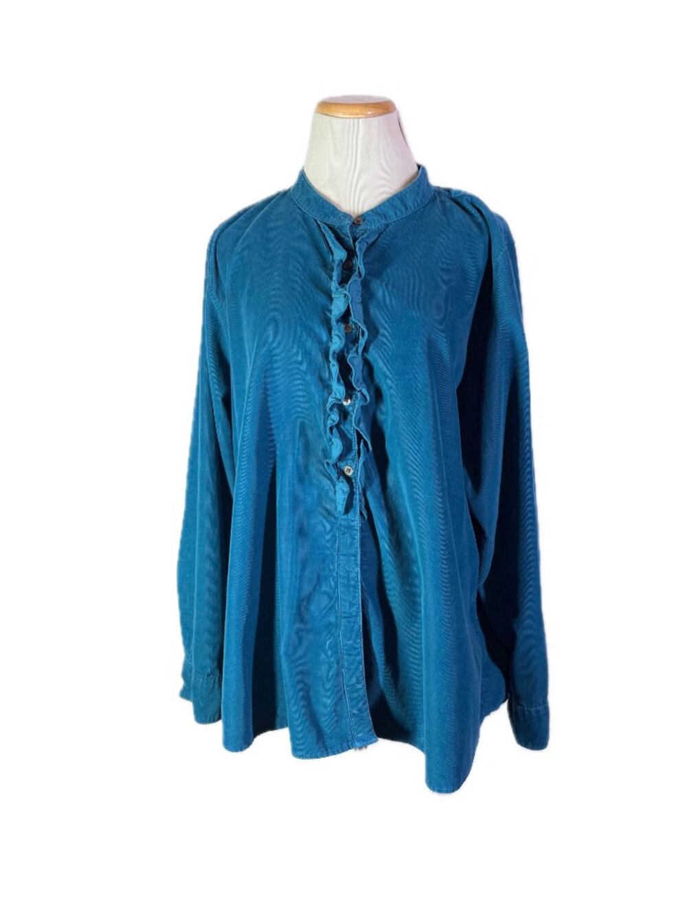 Lands' End Plus Size 2X Teal Corduroy Button-Front Shirt Long Sleeve Ruffle